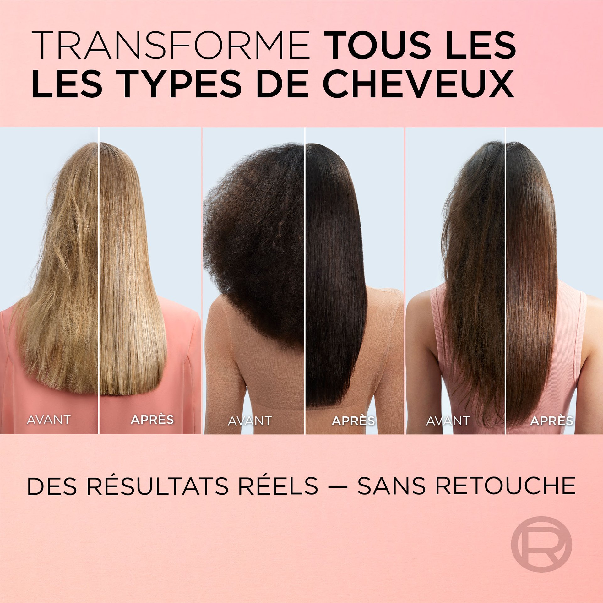 3 femmes de dos avec avant les cheveux avec des frisottis et après des cheveux lisses